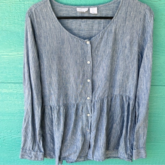 SIGRID OLSEN LINEN PEPLUM PINSTRIPE BUTTON DOWN TOP SIZE SMALL EUC - Picture 2 of 8